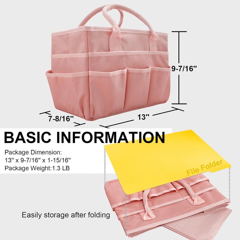 Cupohus Art Organizer Craft Storage Tote Bag with Pockets and Handles, Oxford Fabric Carrying Caddy for Teacher, Officer, Artist, Traveler, and more –Pink - Image 3